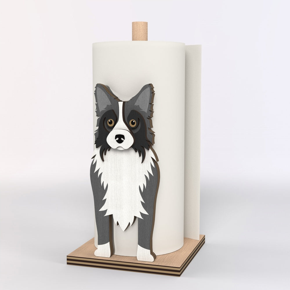Border Collie Wooden Dog Paper Towel Holder displayed on a kitchen countertop with a freestanding paper towel roll