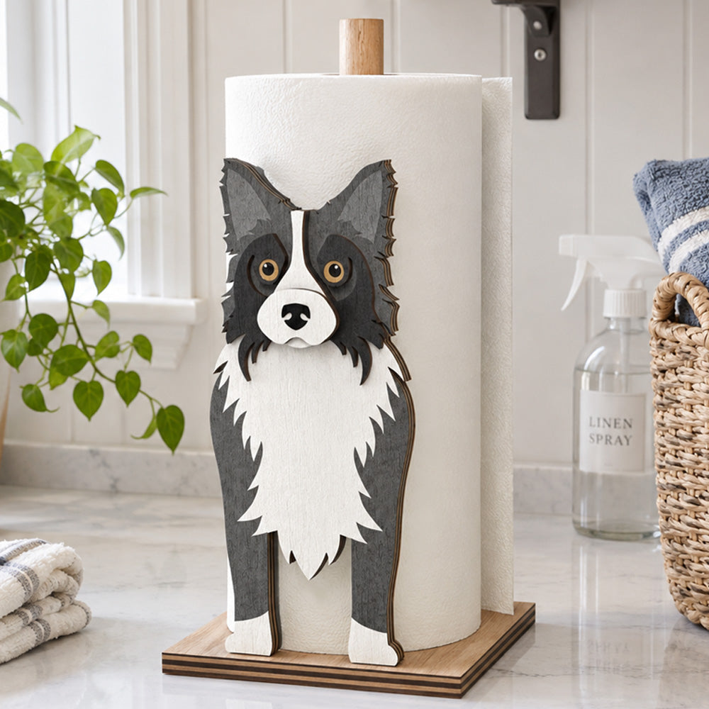 Border Collie Wooden Dog Paper Towel Holder displayed on a kitchen countertop with a freestanding paper towel roll