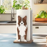 Border Collie Wooden Dog Paper Towel Holder displayed on a kitchen countertop with a freestanding paper towel roll