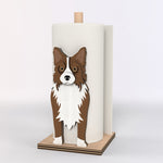 Border Collie Wooden Dog Paper Towel Holder displayed on a kitchen countertop with a freestanding paper towel roll