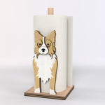 Border Collie Wooden Dog Paper Towel Holder displayed on a kitchen countertop with a freestanding paper towel roll
