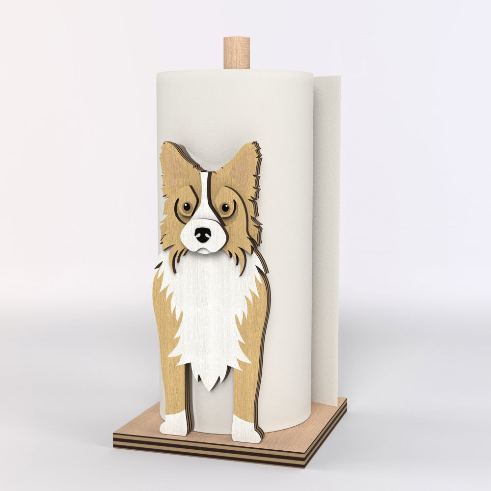 Border Collie Wooden Dog Paper Towel Holder displayed on a kitchen countertop with a freestanding paper towel roll