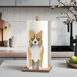 Border Collie Wooden Dog Paper Towel Holder displayed on a kitchen countertop with a freestanding paper towel roll