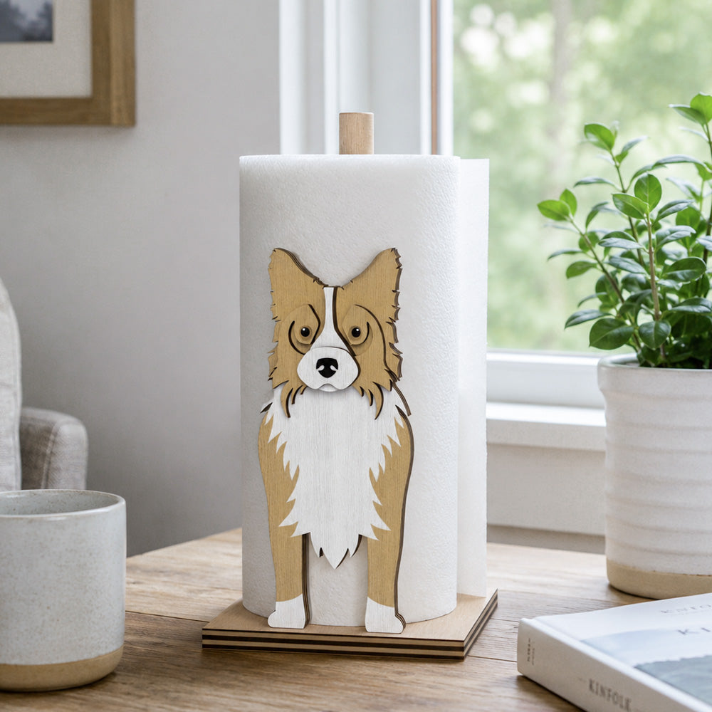 Border Collie Wooden Dog Paper Towel Holder displayed on a kitchen countertop with a freestanding paper towel roll