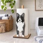 Border Collie Wooden Dog Paper Towel Holder displayed on a kitchen countertop with a freestanding paper towel roll
