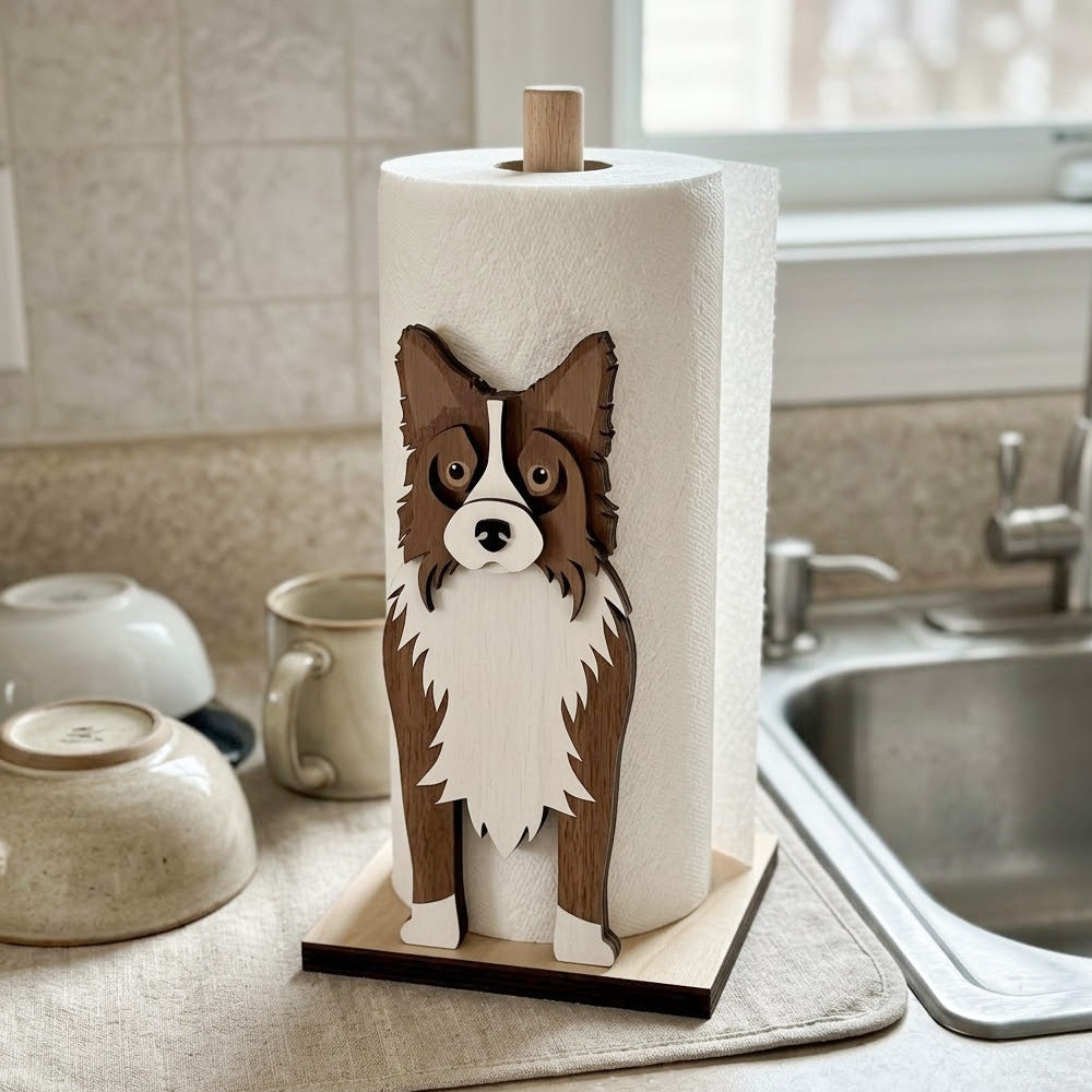 Border Collie Wooden Dog Paper Towel Holder displayed on a kitchen countertop with a freestanding paper towel roll