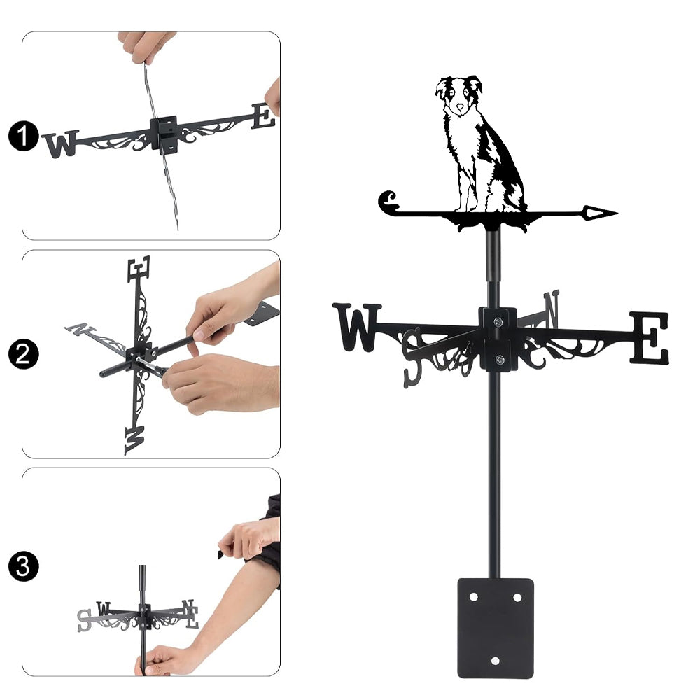 Border Collie metal weather vane with directional arrows and mounting rod, outdoor roof and garden decoration