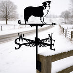 Border Collie metal weather vane with directional arrows and mounting rod, outdoor roof and garden decoration