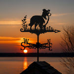 Border Collie metal weather vane with directional arrows and mounting rod, outdoor roof and garden decoration