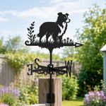 Border Collie metal weather vane with directional arrows and mounting rod, outdoor roof and garden decoration