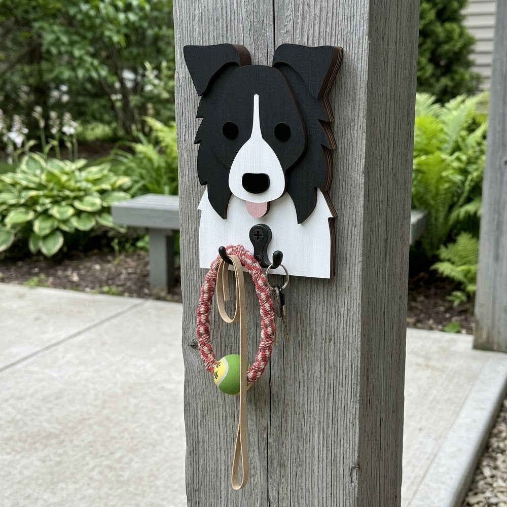 Border Collie wooden dog wall hook key and leash holder for home entryway organizer