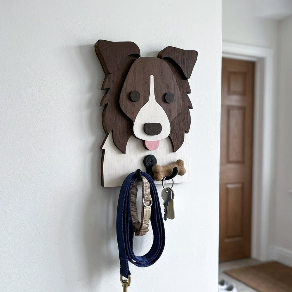 Border Collie wooden dog wall hook key and leash holder for home entryway organizer