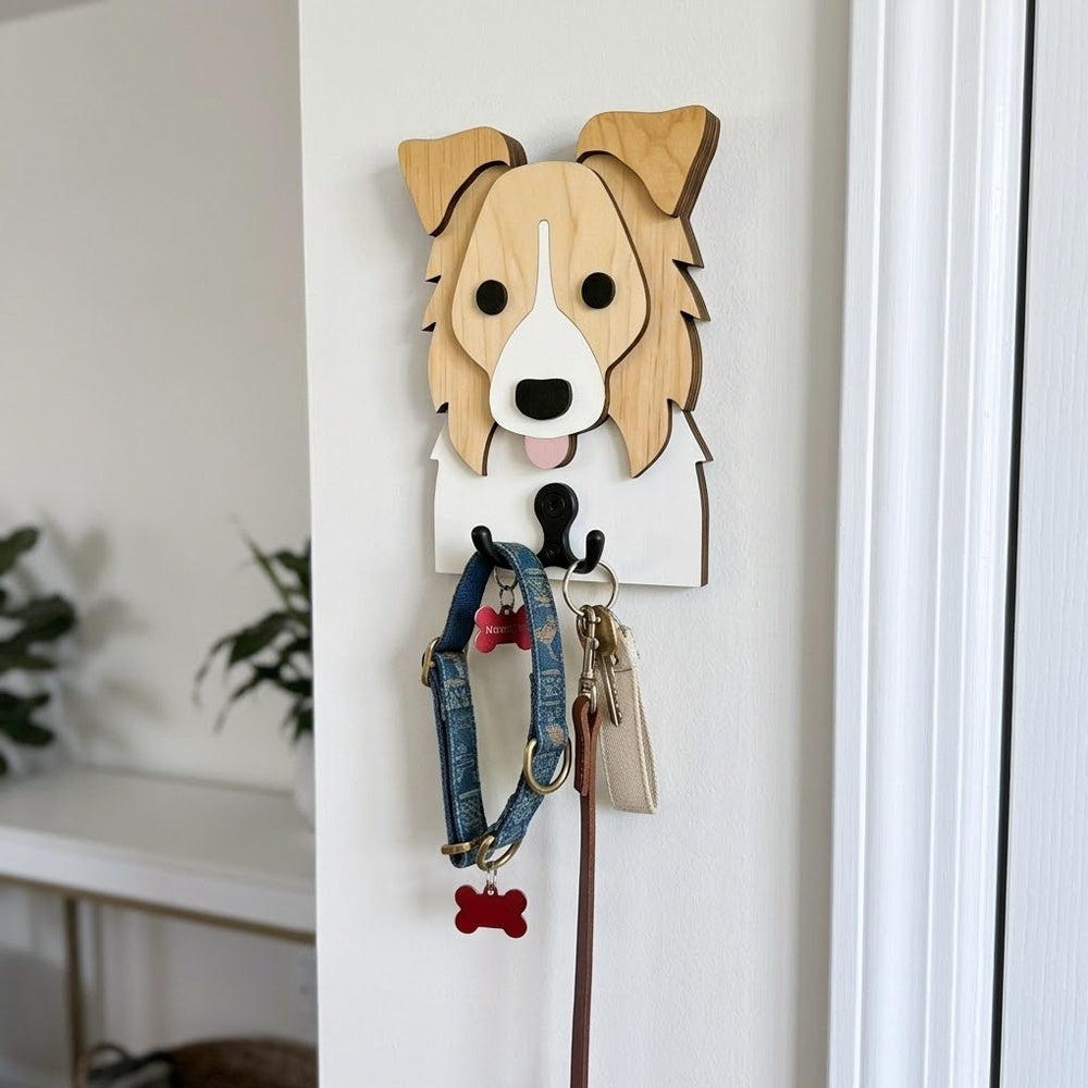 Border Collie wooden dog wall hook key and leash holder for home entryway organizer