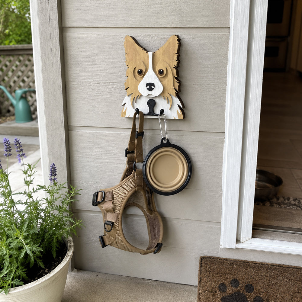 Border Collie wooden dog wall hook key and leash holder for home entryway organizer