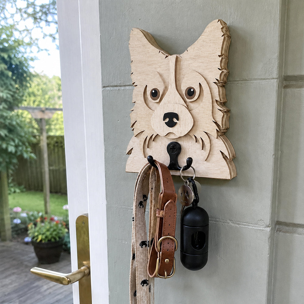 Border Collie wooden dog wall hook key and leash holder for home entryway organizer