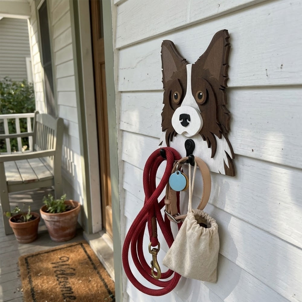 Border Collie wooden dog wall hook key and leash holder for home entryway organizer