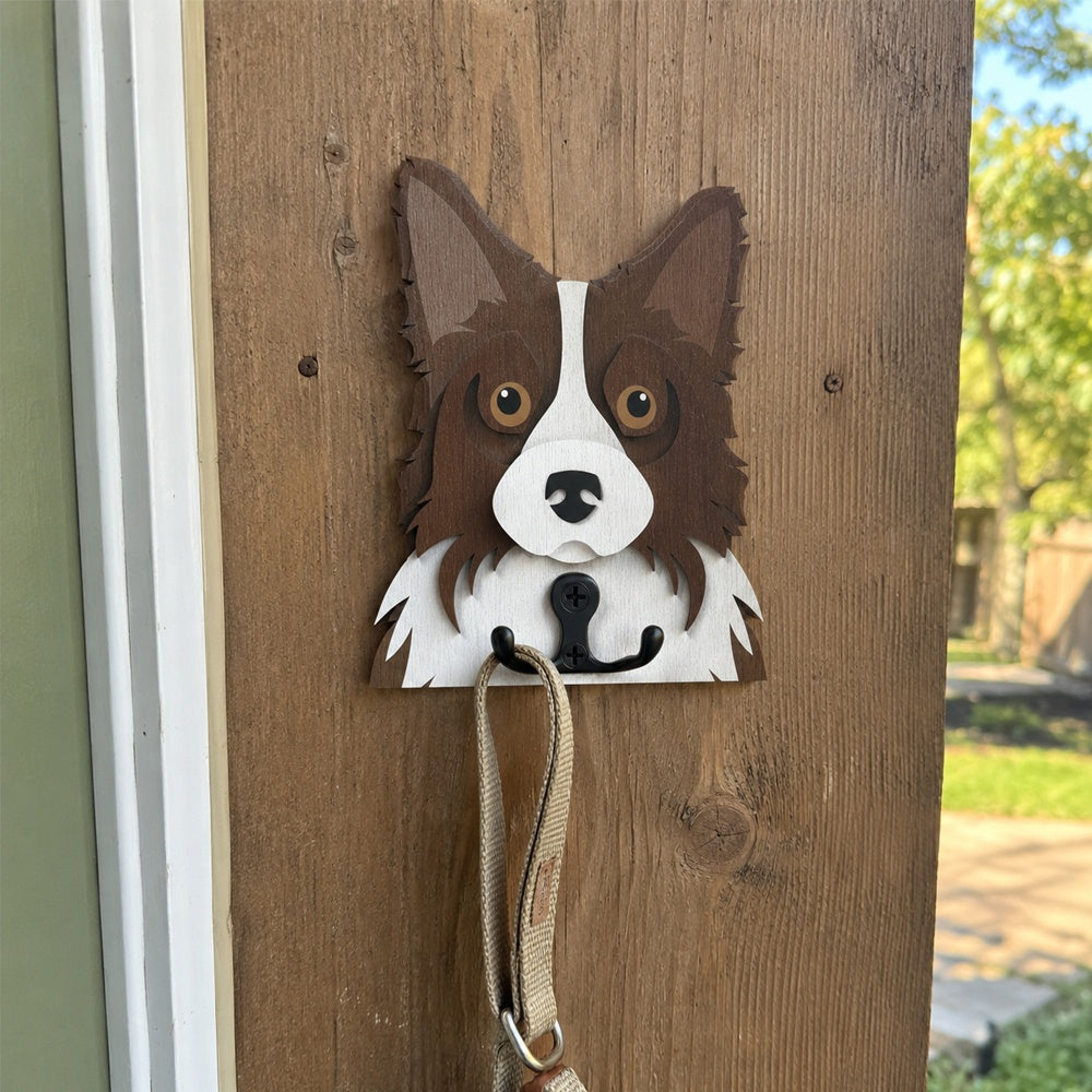 Border Collie wooden dog wall hook key and leash holder for home entryway organizer