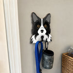 Border Collie wooden dog wall hook key and leash holder for home entryway organizer