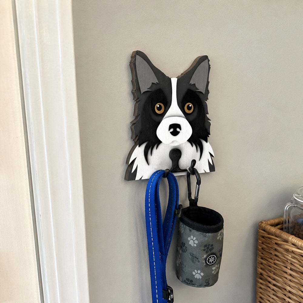 Border Collie wooden dog wall hook key and leash holder for home entryway organizer