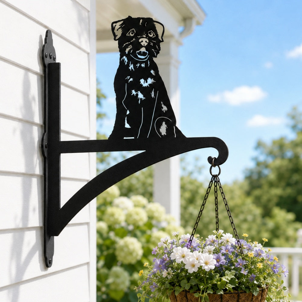 Border terrier metal hanging basket bracket mounted on outdoor wall for plant decoration