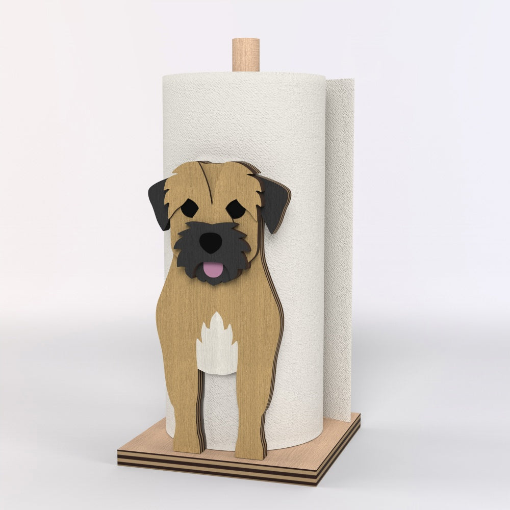 Border Terrier Wooden Dog Paper Towel Holder displayed on a kitchen countertop with a freestanding paper towel roll