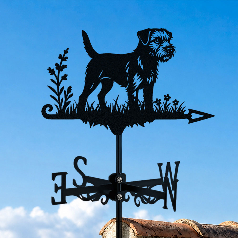 Border Terrier metal weather vane with directional arrows and mounting rod, outdoor roof and garden decoration