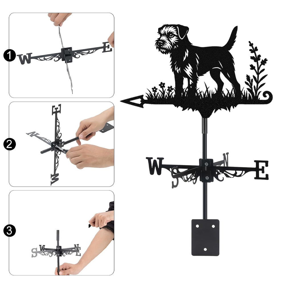 Border Terrier metal weather vane with directional arrows and mounting rod, outdoor roof and garden decoration