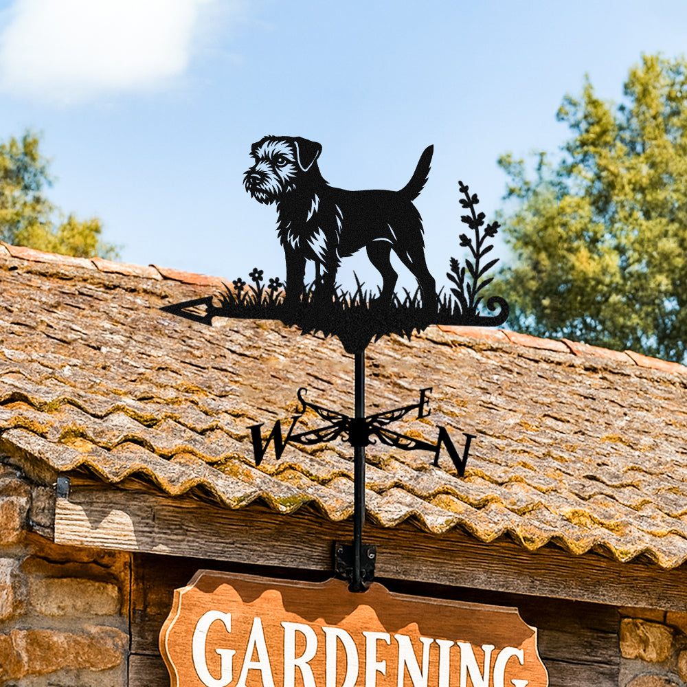 Border Terrier metal weather vane with directional arrows and mounting rod, outdoor roof and garden decoration