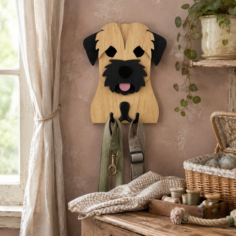 Border Terrier wooden dog wall hook key and leash holder for home entryway organizer