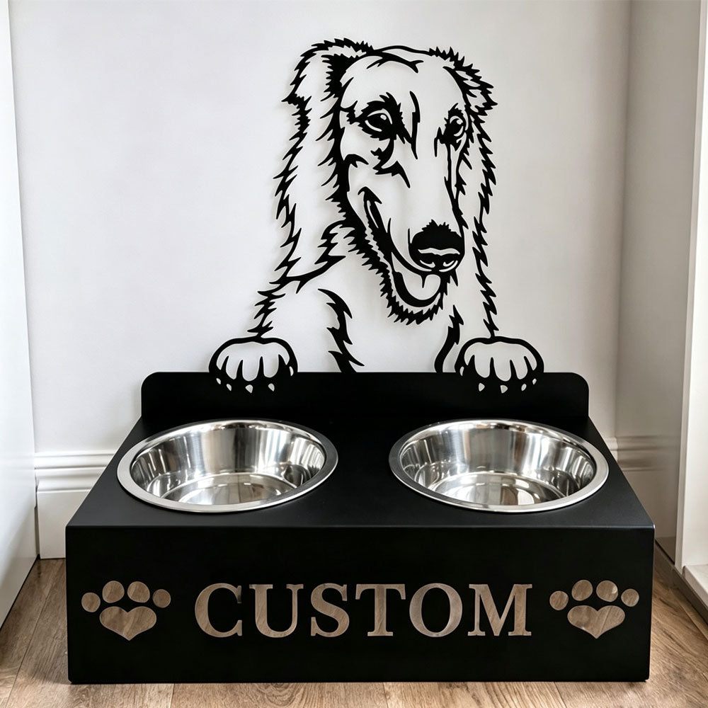 Personalized borzoi dog metal dog bowl stand with custom name cutout and two removable feeding bowls