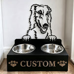 Personalized borzoi dog metal dog bowl stand with custom name cutout and two removable feeding bowls
