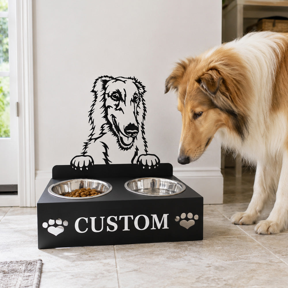Personalized borzoi dog metal dog bowl stand with custom name cutout and two removable feeding bowls