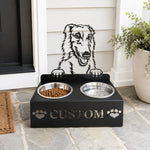 Personalized borzoi dog metal dog bowl stand with custom name cutout and two removable feeding bowls