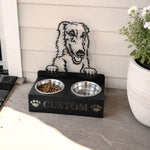 Personalized borzoi dog metal dog bowl stand with custom name cutout and two removable feeding bowls