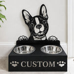 Personalized boston terrier metal dog bowl stand with custom name cutout and two removable feeding bowls