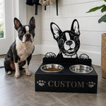 Personalized boston terrier metal dog bowl stand with custom name cutout and two removable feeding bowls