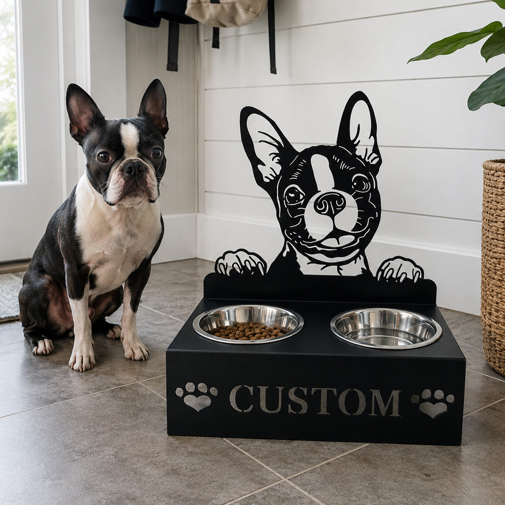 Personalized boston terrier metal dog bowl stand with custom name cutout and two removable feeding bowls