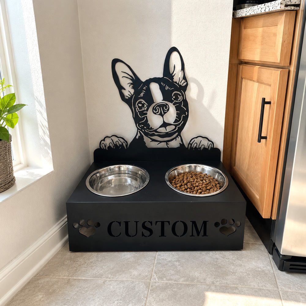 Personalized boston terrier metal dog bowl stand with custom name cutout and two removable feeding bowls