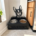 Personalized boston terrier metal dog bowl stand with custom name cutout and two removable feeding bowls