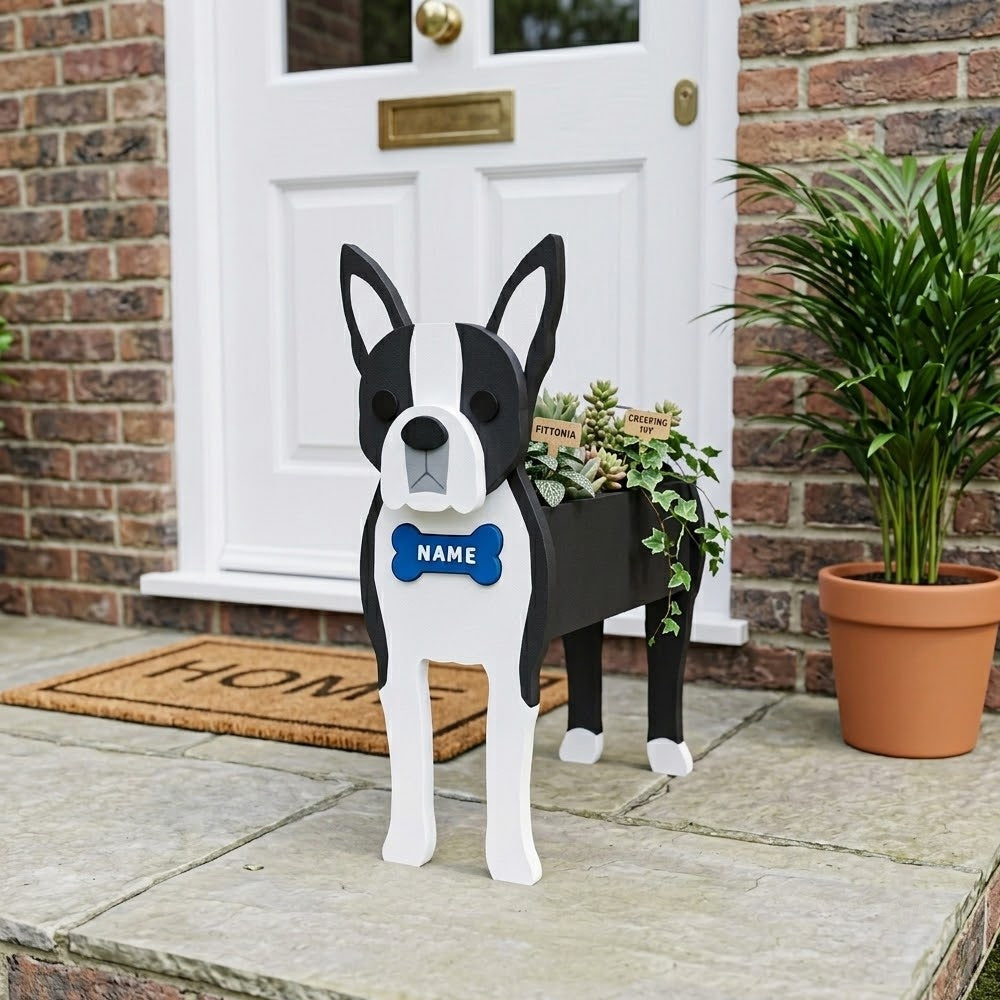 Boston Terrier dog planter filled with fresh flowers is placed in the garden