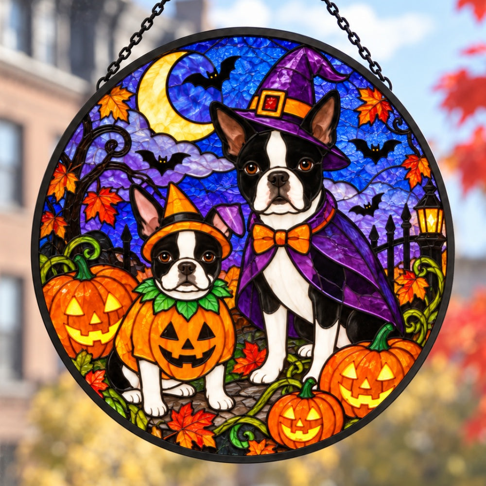 Boston Terrier Halloween stained glass suncatcher window hanging, suitable for home and garden decoration