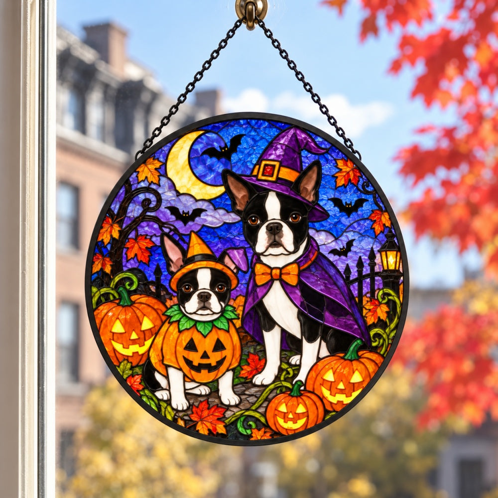 Boston Terrier Halloween stained glass suncatcher window hanging, suitable for home and garden decoration