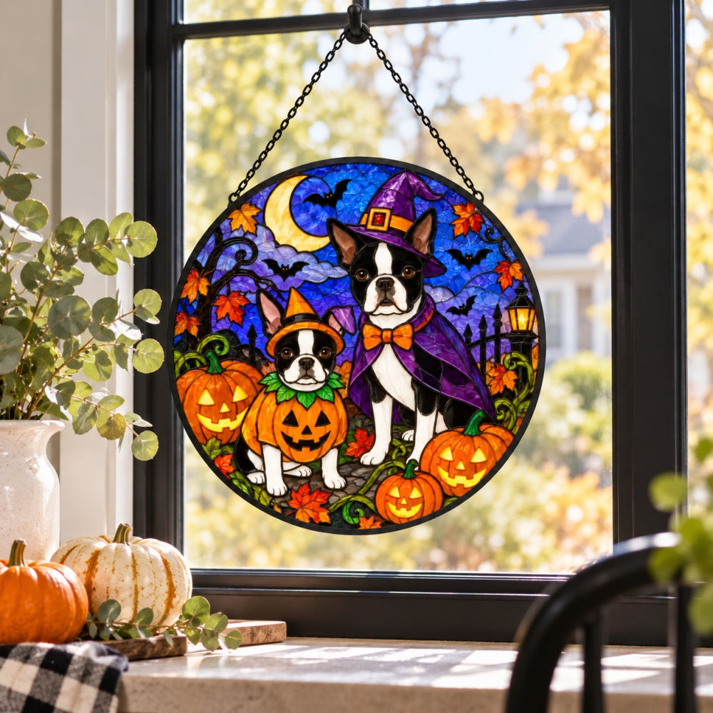 Boston Terrier Halloween stained glass suncatcher window hanging, suitable for home and garden decoration