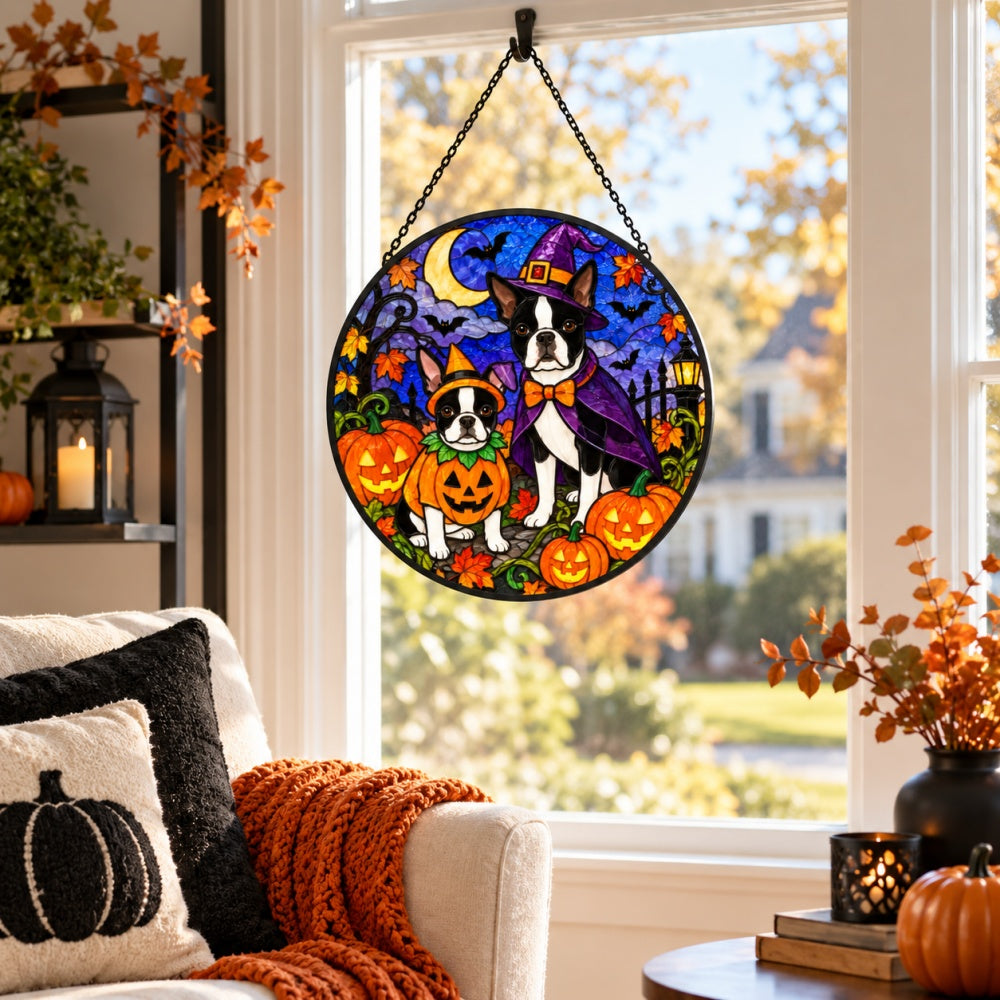 Boston Terrier Halloween stained glass suncatcher window hanging, suitable for home and garden decoration