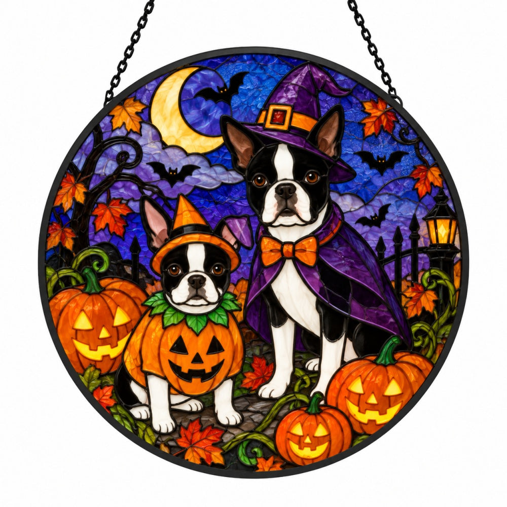 Boston Terrier Halloween stained glass suncatcher window hanging, suitable for home and garden decoration