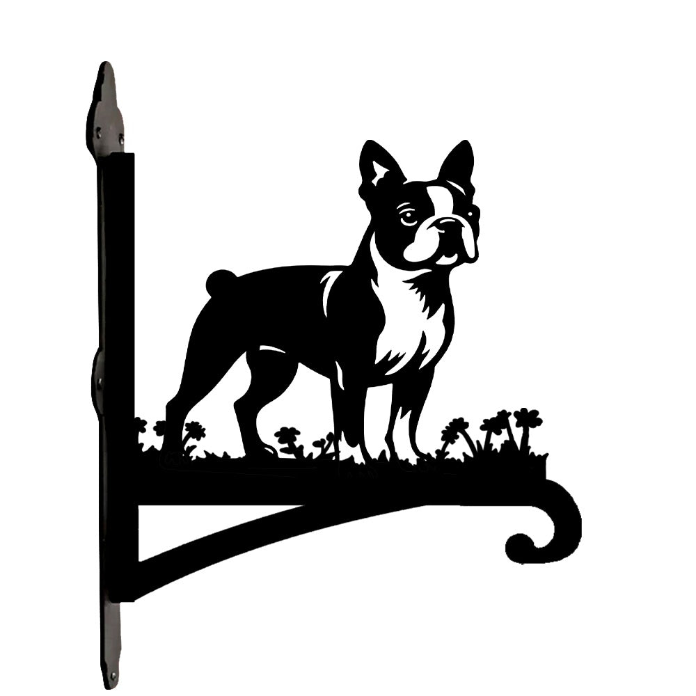 Boston terrier metal hanging basket bracket mounted on outdoor wall for plant decoration
