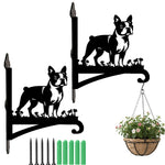 Boston terrier metal hanging basket bracket mounted on outdoor wall for plant decoration