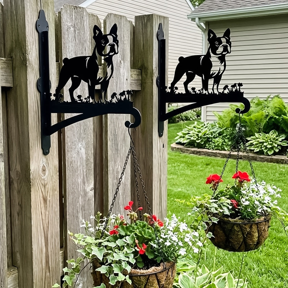 Boston terrier metal hanging basket bracket mounted on outdoor wall for plant decoration