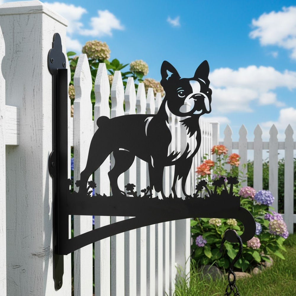 Boston terrier metal hanging basket bracket mounted on outdoor wall for plant decoration