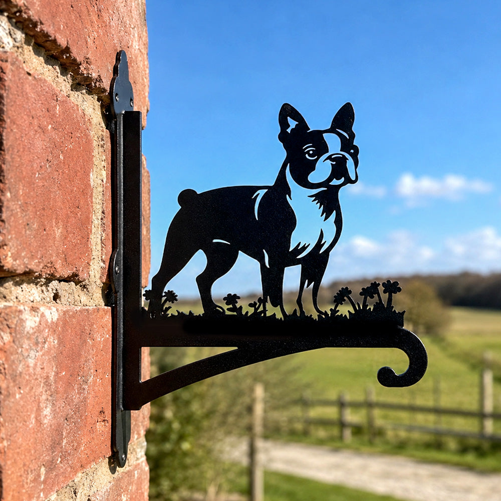 Boston terrier metal hanging basket bracket mounted on outdoor wall for plant decoration